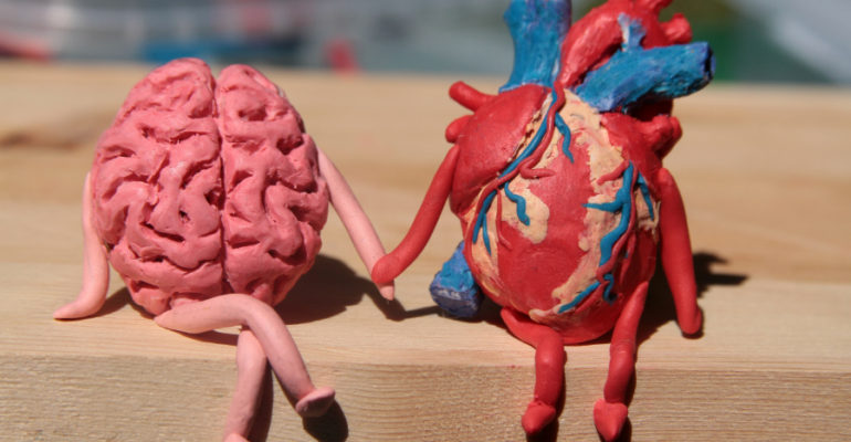 A brain and a joyful heart sitting together holding hands